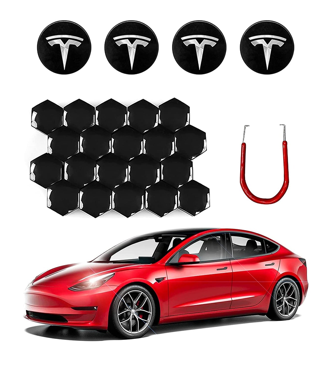 Tesla Model 3 Wheel Cap Kit Center Cap Lug Nut Cover Fit for Model Y Model S Model X Car Accessories White&Black (4 Hub Center Cap + 20 Lug Nut Cover)