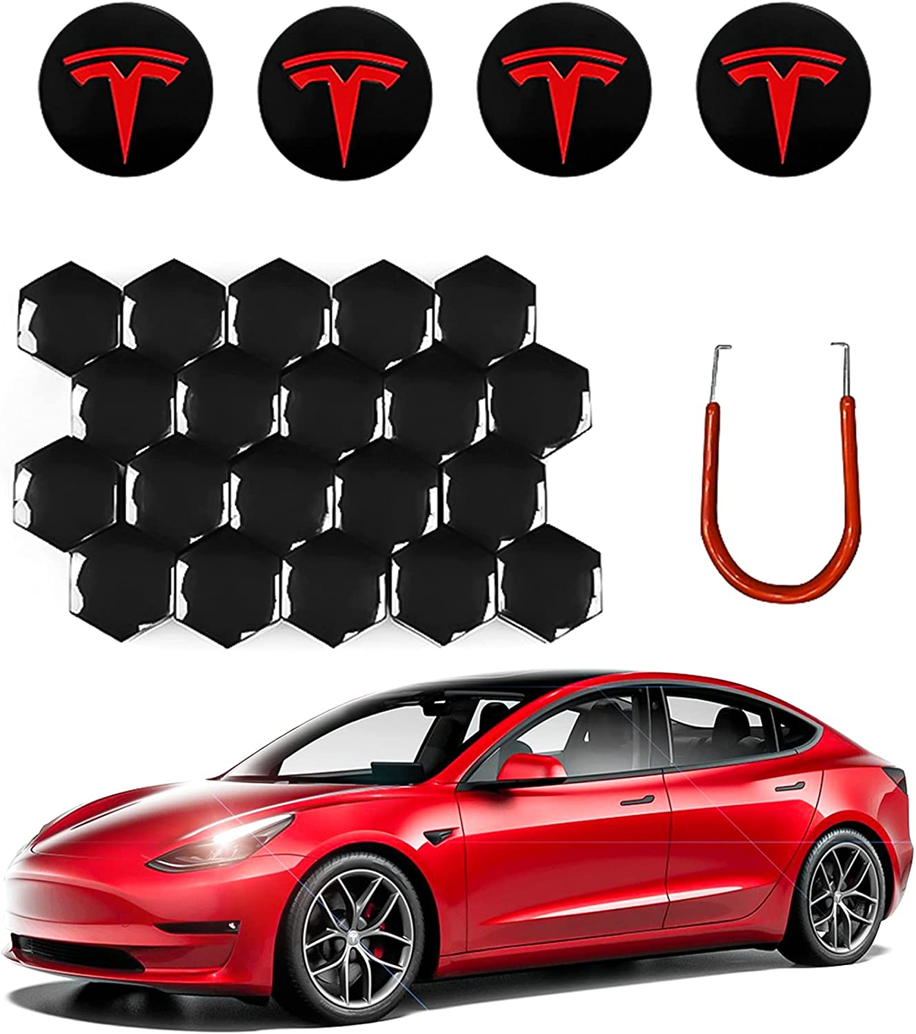 Tesla Model 3 Wheel Cap Kit Center Cap Lug Nut Cover Fit for Model Y Model S Model X Car Accessories White&Black (4 Hub Center Cap + 20 Lug Nut Cover)