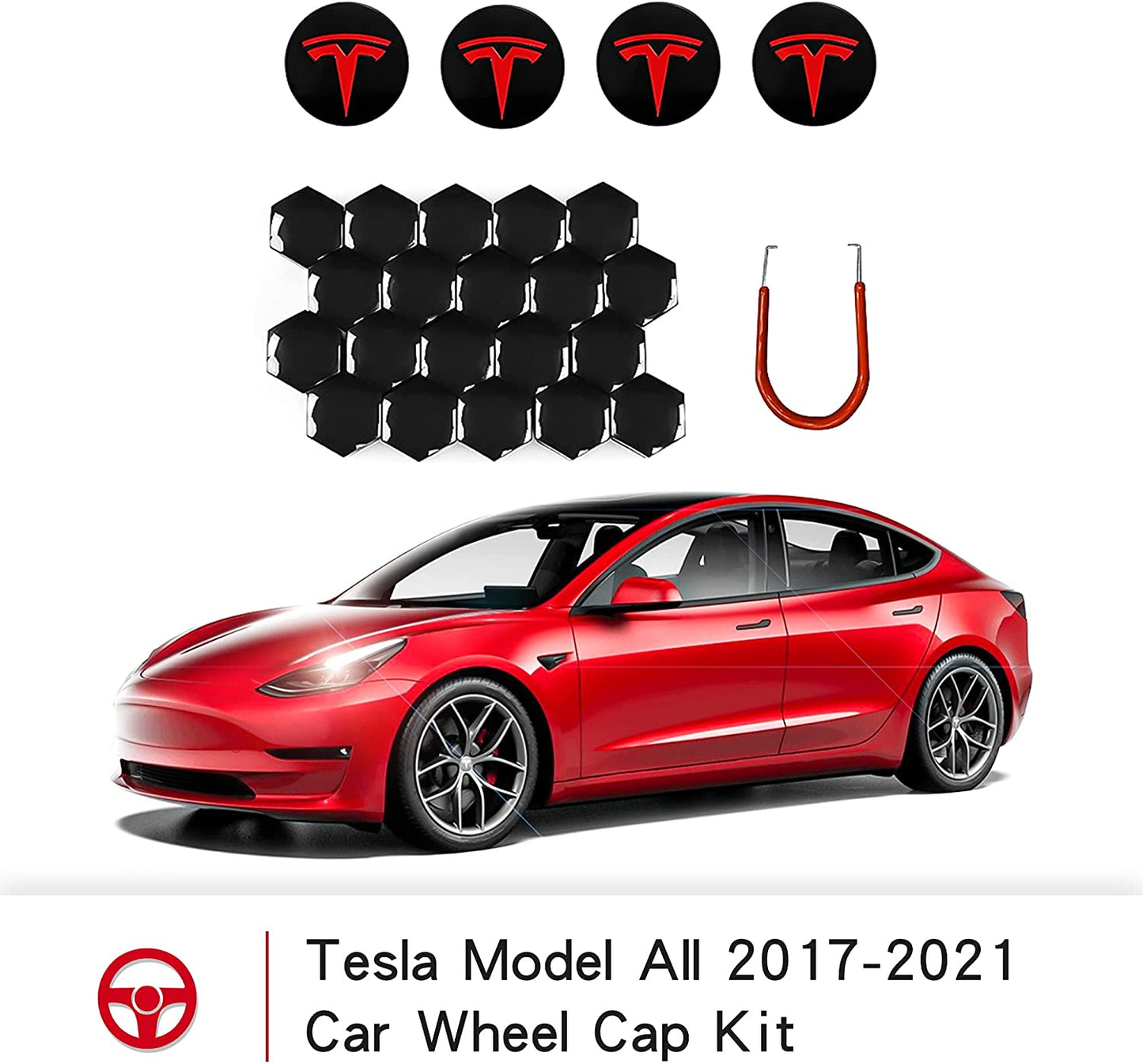 Tesla Model 3 Wheel Cap Kit Center Cap Lug Nut Cover Fit for Model Y Model S Model X Car Accessories White&Black (4 Hub Center Cap + 20 Lug Nut Cover)