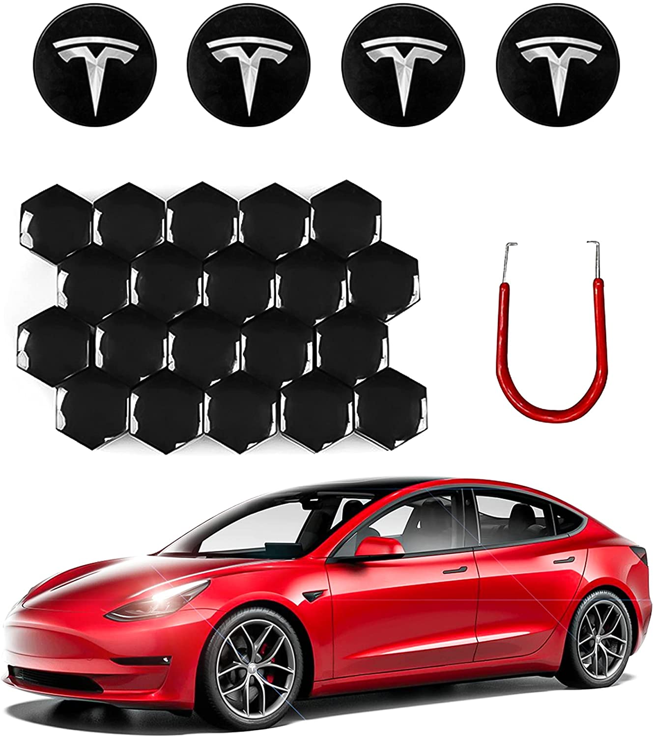 Tesla Model 3 Wheel Cap Kit Center Cap Lug Nut Cover Fit for Model Y Model S Model X Car Accessories White&Black (4 Hub Center Cap + 20 Lug Nut Cover)
