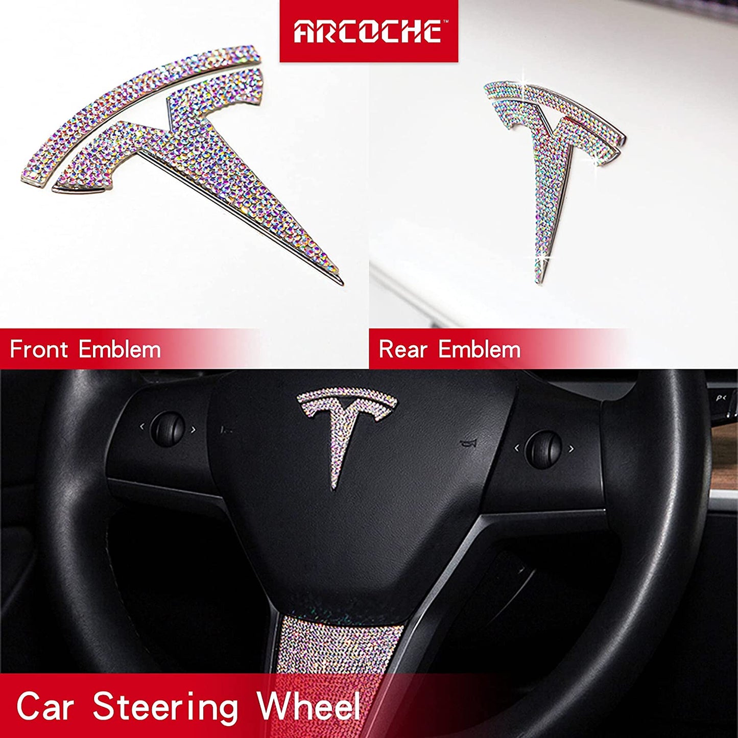 Tesla Model 3 Bling Diamond Tesla Logo Crystal Sticker Logo Caps DIY Decorative for Steering Wheel and Trunk Decoration