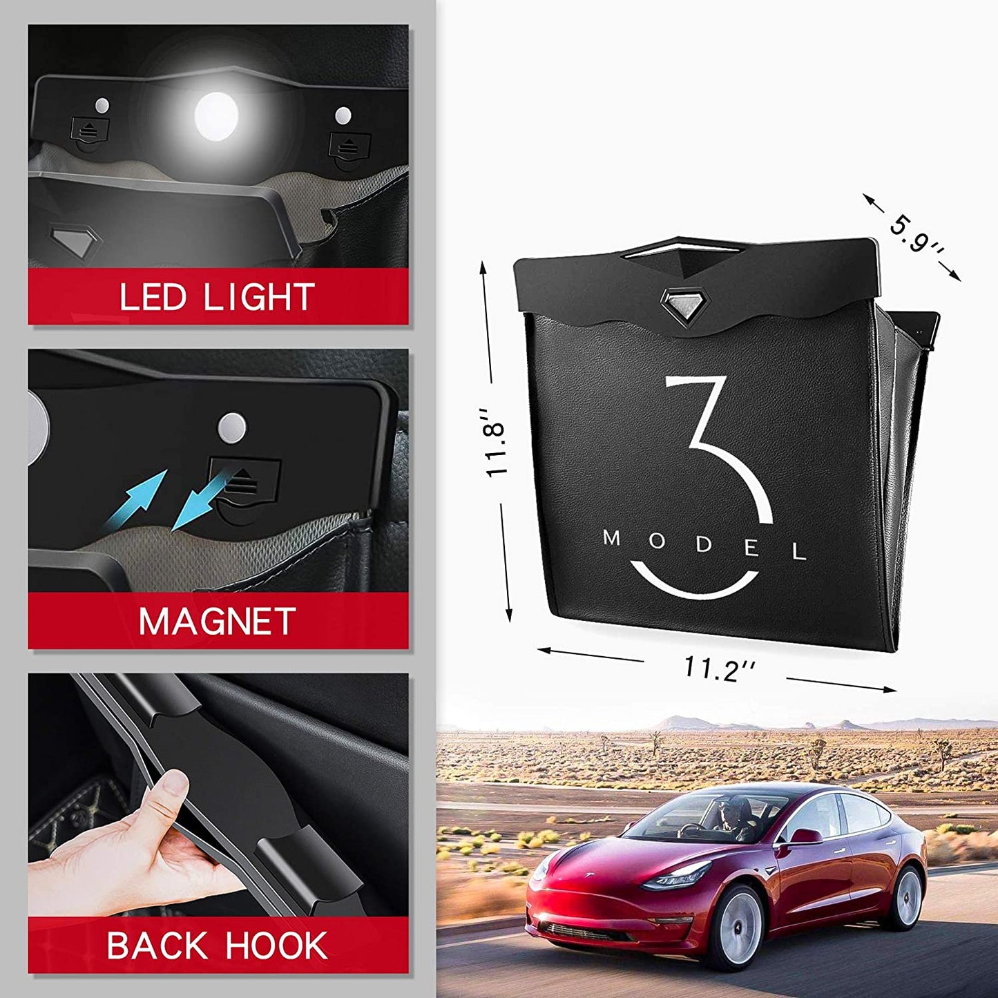 Tesla Model 3 Trash Can Accessories for Back Seat Garbage Bag with Hanging Magnetic Buckle Waterproof(2 Pack)