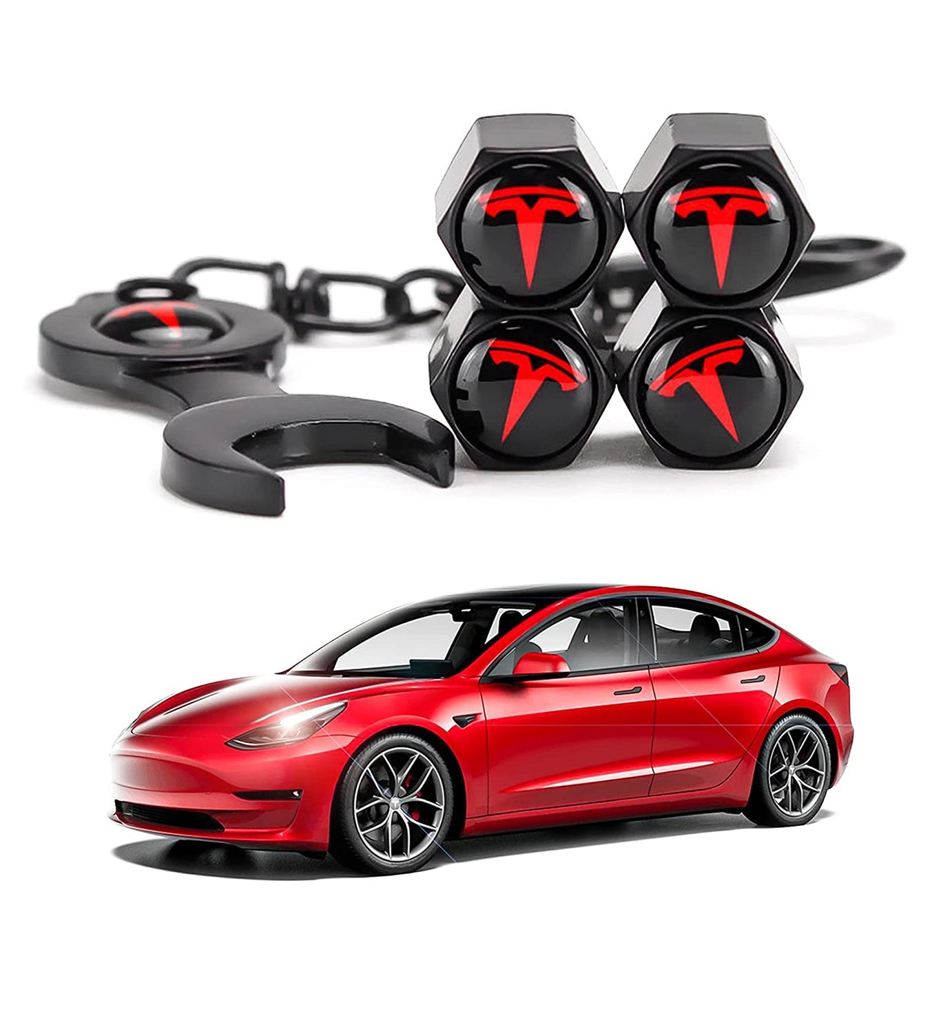 Tire Valve Stem Caps for Tesla Model 3/Y/S/X Car Accessory Decorative 5 Pcs (Black&Red)