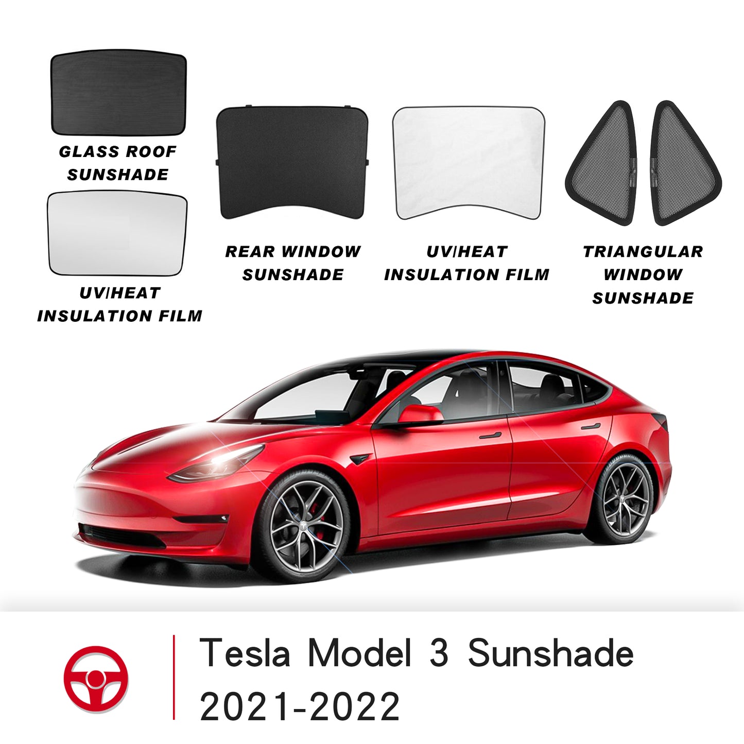 Arcoche Tesla Model 3 Sunshades Glass Roof and Half Rear Window Sunshade Foldable with UV/Heat Insulation Film Cover Set (6Pcs)