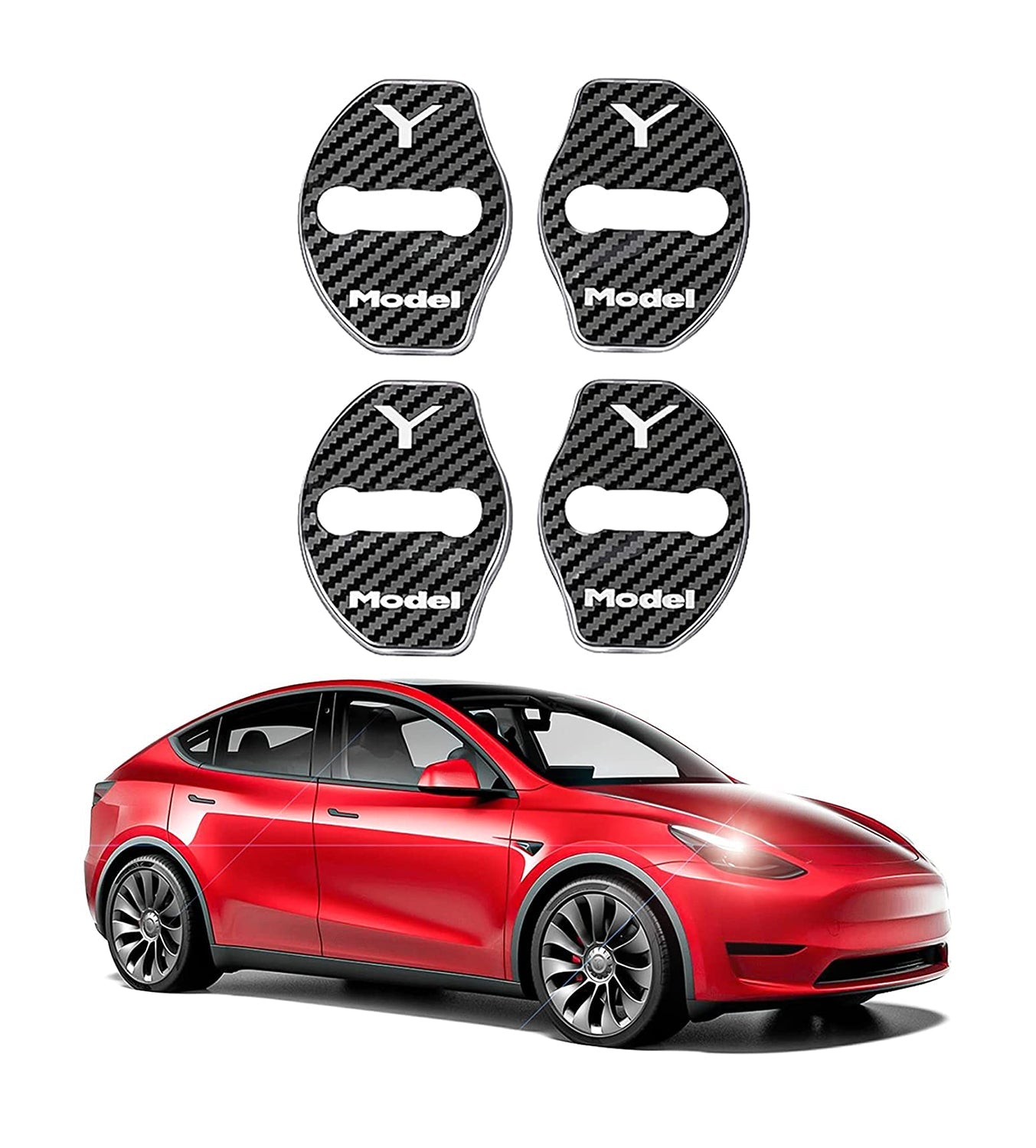 Tesla Model 3/Y Door Lock Cover Protector Accessories Latches Covers,Stainless Steel Door Stopper 4 Pcs(Carbon Fiber)