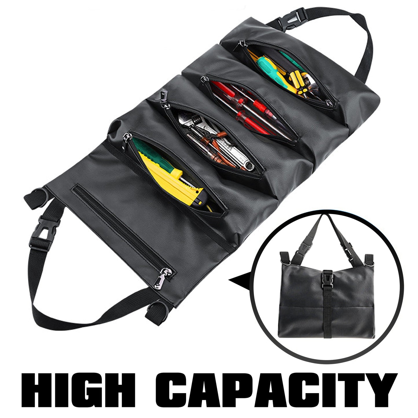 Tool Roll-Up Bag, Large PU Wrench Roll Tool Roll Bag Tool Organizer Bucket, Car Seat Back Organizer Tool Pouch with 2 Car Seat Back Hooks,Black