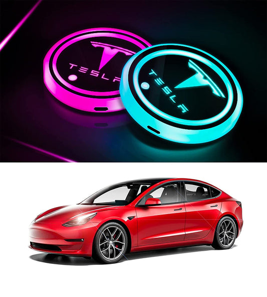 Tesla LED Car Cup Holder Lights, 7 Colors Changing USB Mat Luminescent Cup Pad Model 3/Y/S/X(2Pcs)