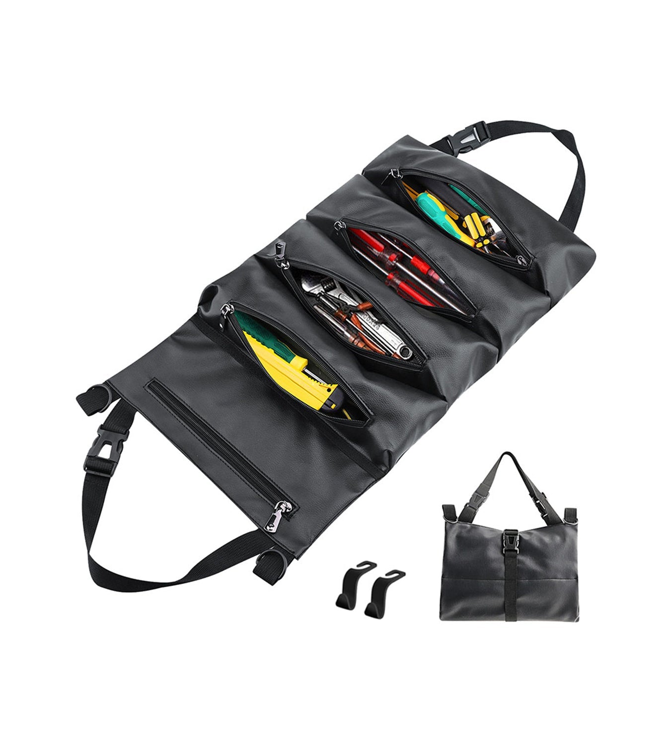 Tool Roll-Up Bag, Large PU Wrench Roll Tool Roll Bag Tool Organizer Bucket, Car Seat Back Organizer Tool Pouch with 2 Car Seat Back Hooks,Black