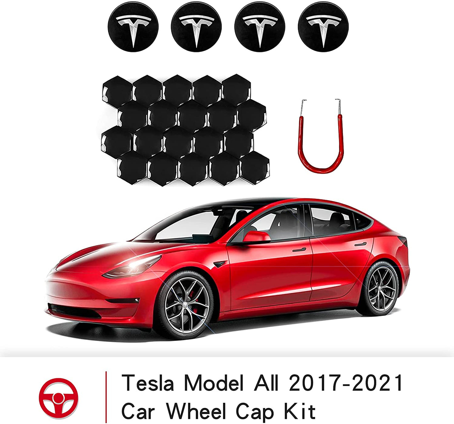 Tesla Model 3 Wheel Cap Kit Center Cap Lug Nut Cover Fit for Model Y Model S Model X Car Accessories White&Black (4 Hub Center Cap + 20 Lug Nut Cover)