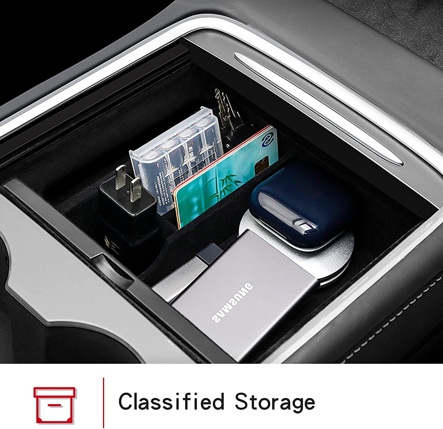 Model 3 Model Y Center Console Organizer, Armrest Flocked Storage Box, 2021 Tesla Model 3 Model Y Accessory