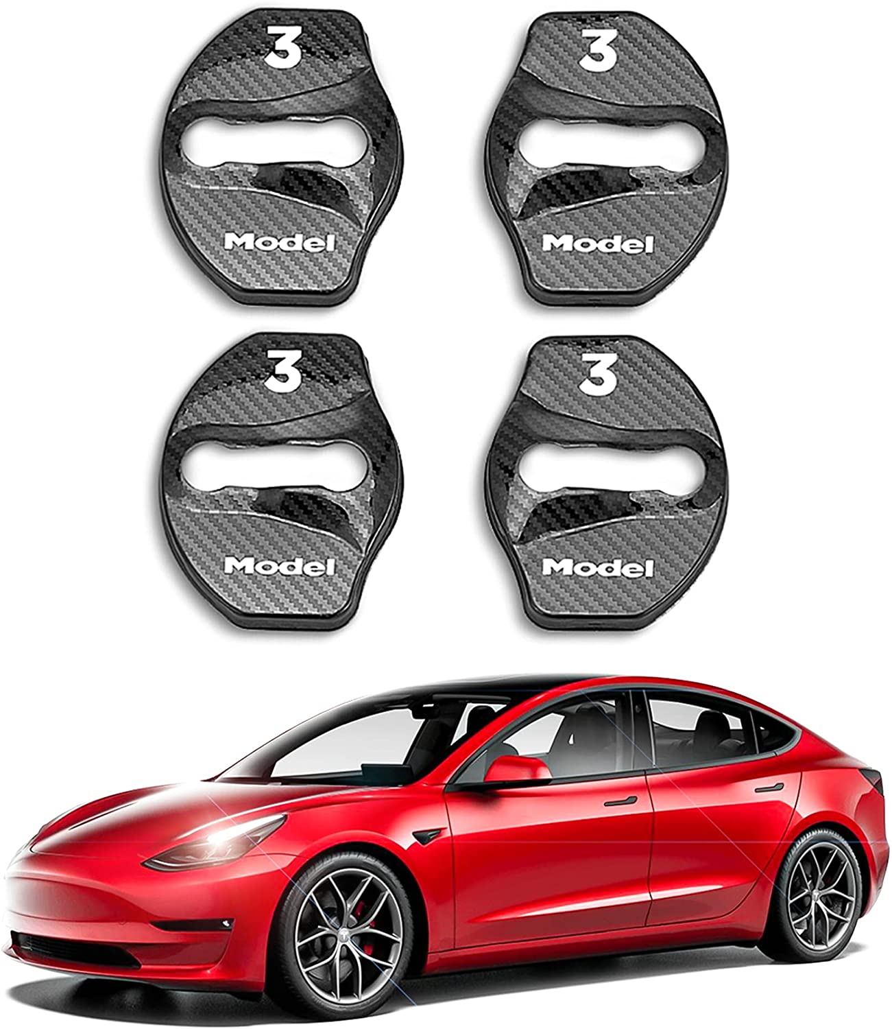 Tesla Model 3/Y Door Lock Cover Protector Accessories Latches Covers,Stainless Steel Door Stopper 4 Pcs(Carbon Fiber)