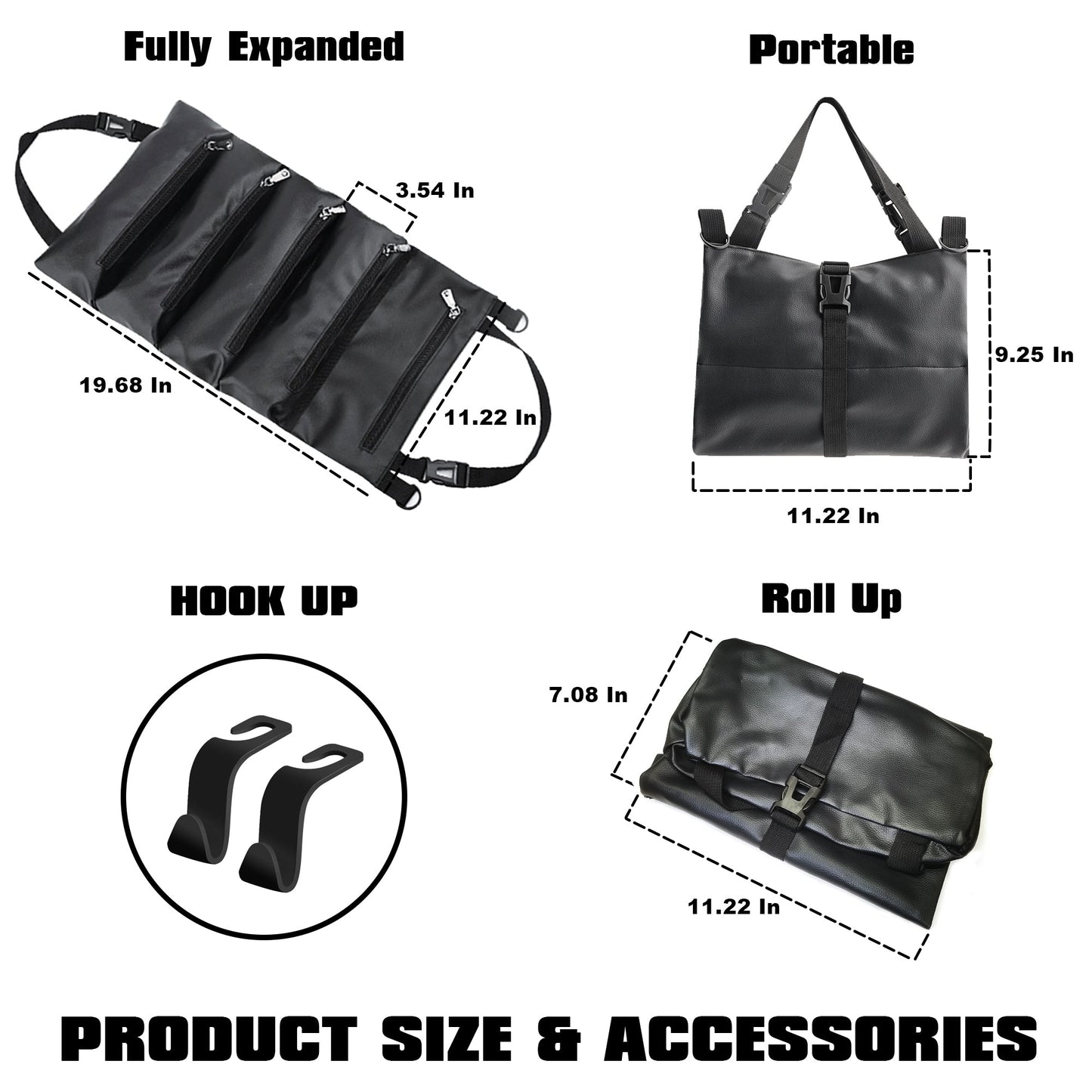 Tool Roll-Up Bag, Large PU Wrench Roll Tool Roll Bag Tool Organizer Bucket, Car Seat Back Organizer Tool Pouch with 2 Car Seat Back Hooks,Black