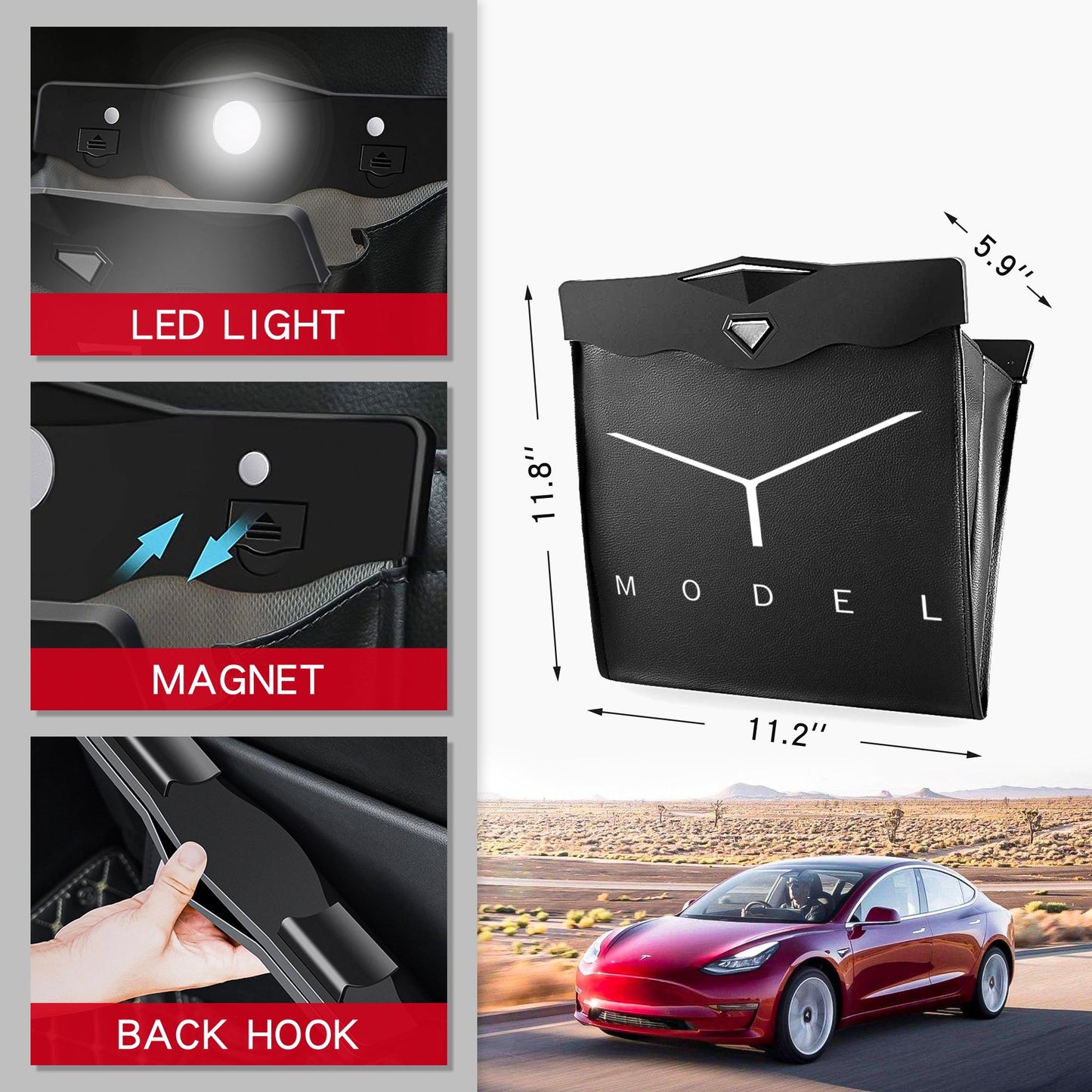 Tesla Model Y Trash Can, Back Seat Garbage Bag with Hanging Magnetic Buckle Waterproof for 2020 2021 2022 model Y accessories