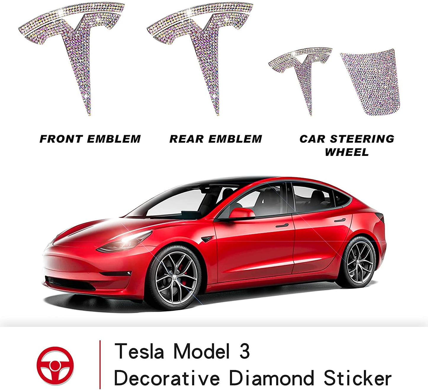 Tesla Model 3 Bling Diamond Tesla Logo Crystal Sticker Logo Caps DIY Decorative for Steering Wheel and Trunk Decoration